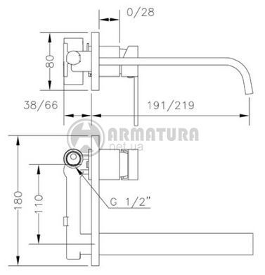 Смеситель для раковины GENEBRE Kenjo-22, встраеваемый, носик 22см (63132264566)